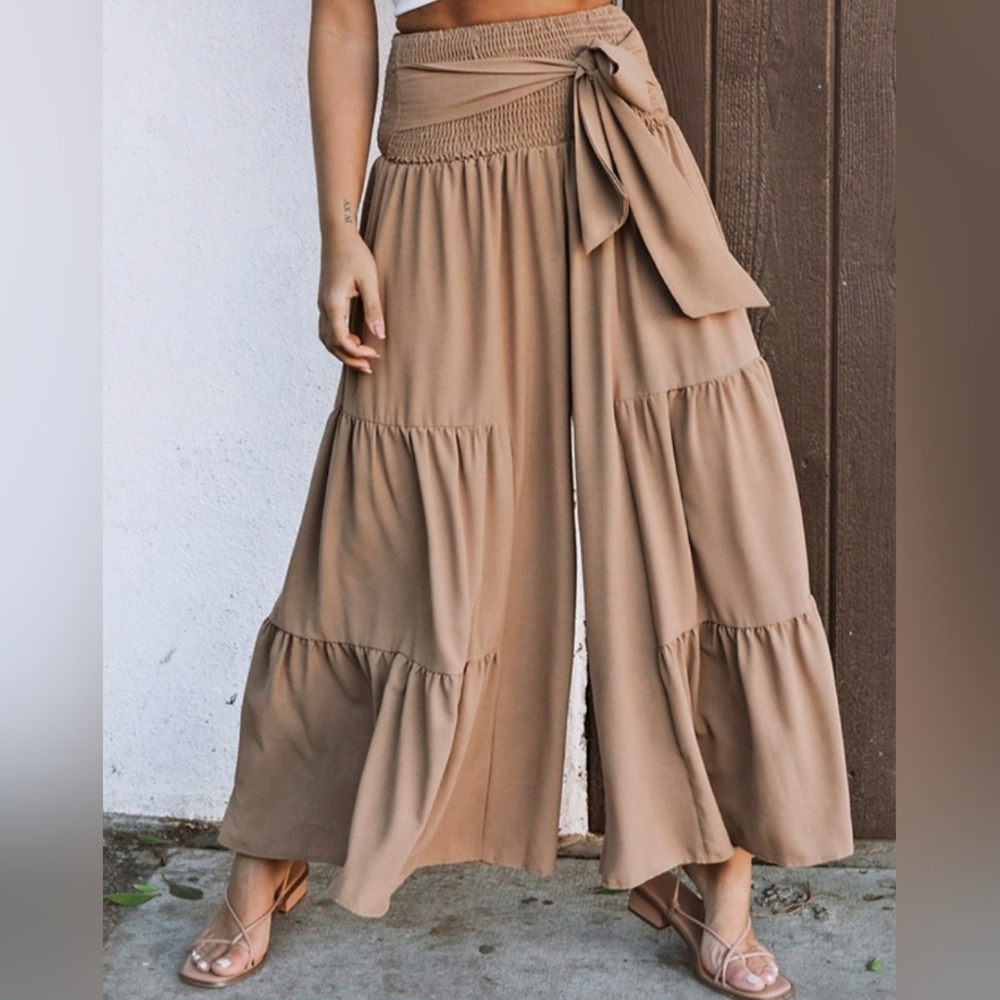 Tan Smocked Waist Tiered Wide LegPant XL